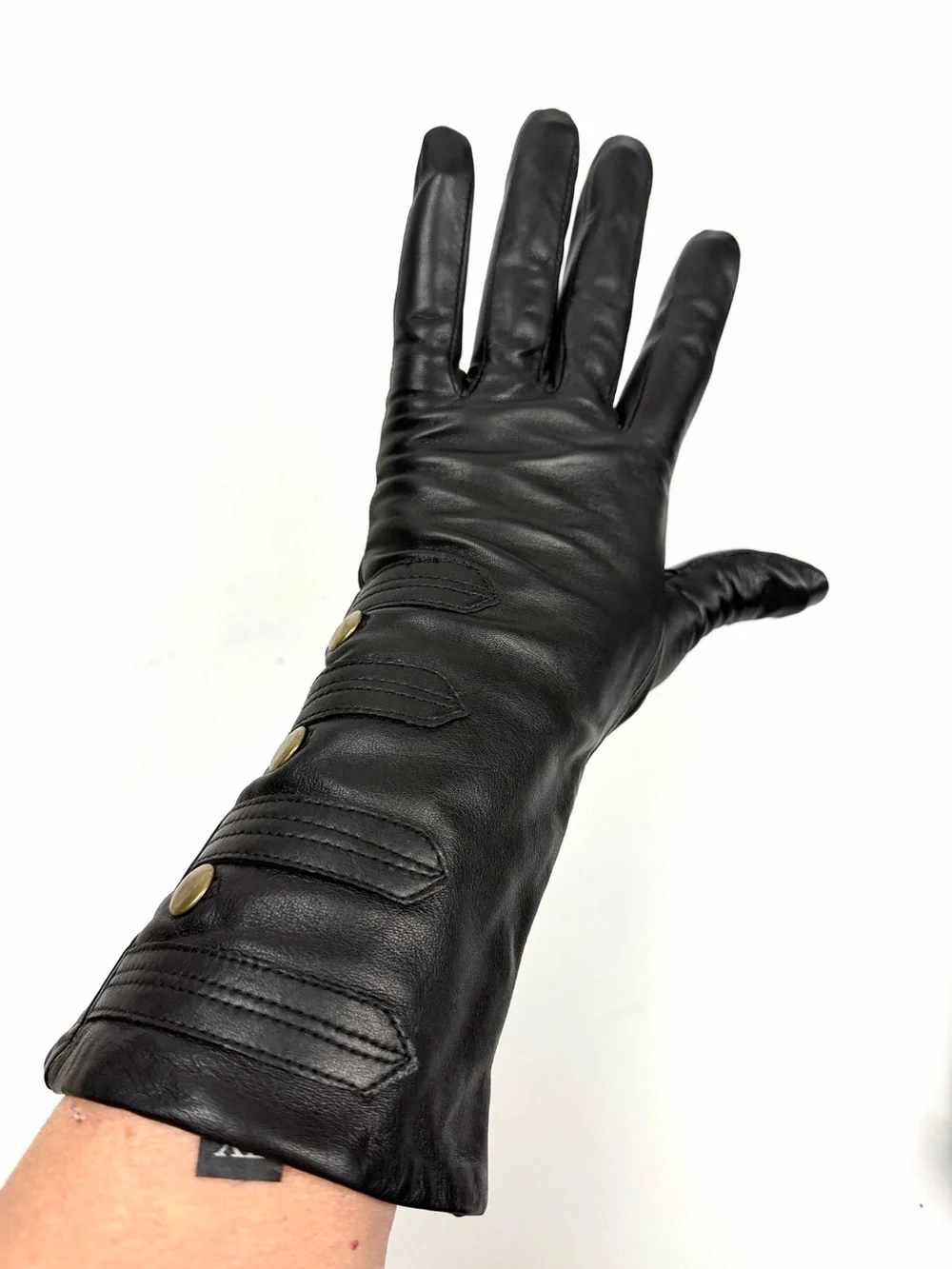 Mercer & Madison Black Leather Gloves Silk Lined XL 12” Long Brass Stud Accent